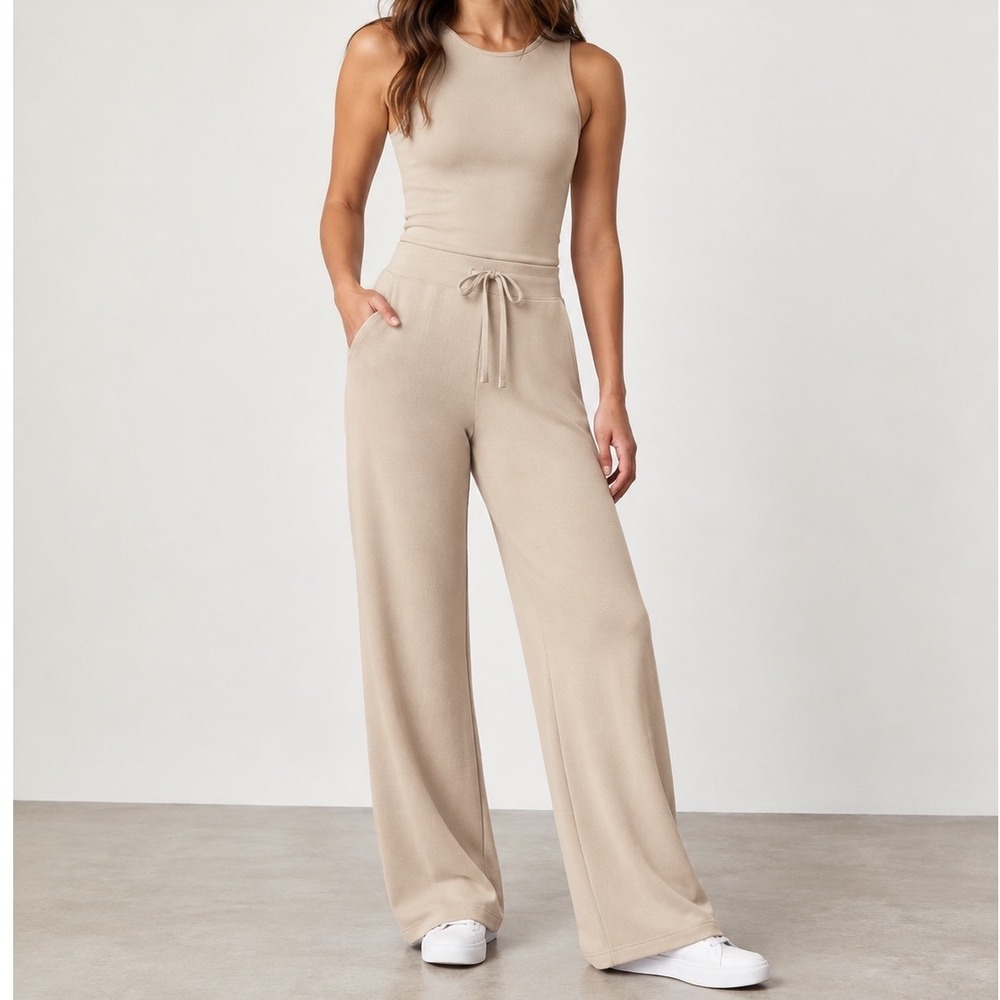 Spanx AirEssentials Sleeveless Jumpsuit Taupe Beige Wide Leg Pockets L